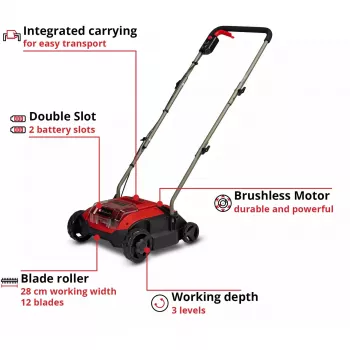 Escarificador / aireador de césped EINHELL GC‑SC 18/28 DS Li‑Solo — ancho de trabajo 28 cm, a batería (solo máquina)