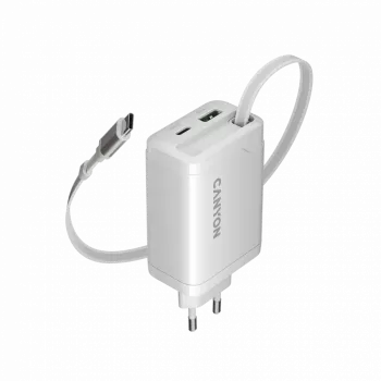 Cargador CANYON OnCharge 65RC con cable USB-C integrado 65W, 1x PD, 1x QC, enchufe EU, blanco