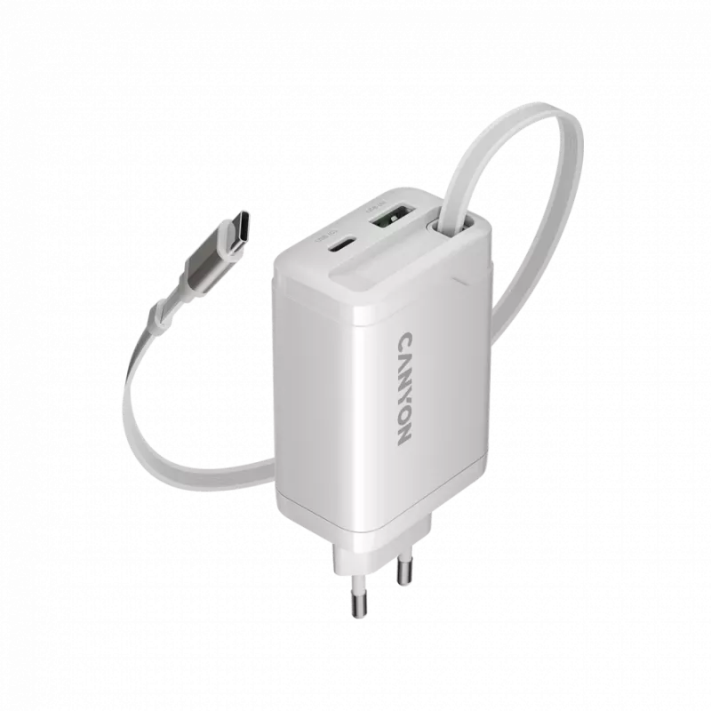 Cargador CANYON OnCharge 65RC con cable USB-C integrado 65W, 1x PD, 1x QC, enchufe EU, blanco