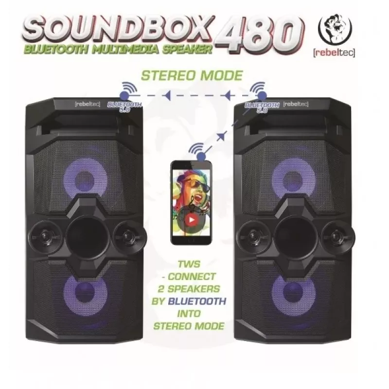 Altavoz estéreo Bluetooth portátil Rebeltec SoundBox 480 negro, 50W RMS