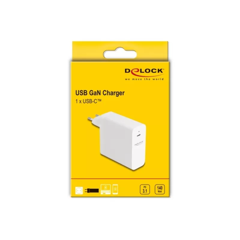 Cargador DeLOCK USB GaN 140W PD 3.1 para interiores AC universal