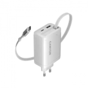 Cargador CANYON OnCharge 65RC con cable USB-C integrado 65W, 1x PD, 1x QC, enchufe EU, blanco