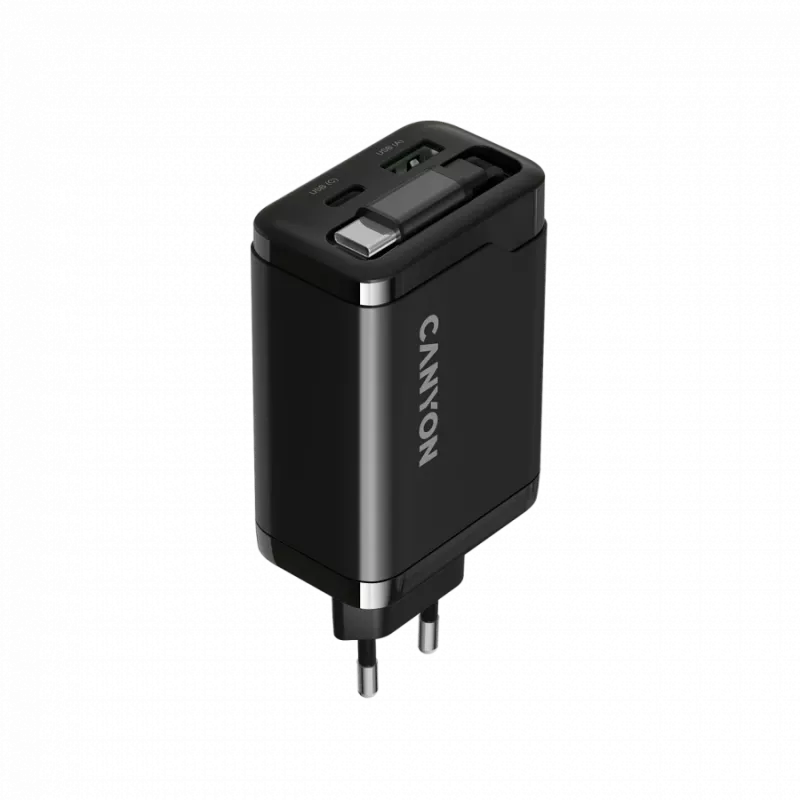 Cargador CANYON OnCharge 65RC con cable USB-C integrado, 65 W, 1x PD, 1x QC, conector EU, negro