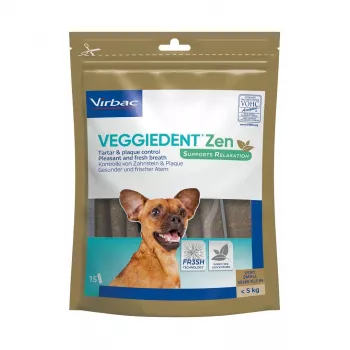 Palitos secos para la higiene dental canina VIRBAC VEGGIEDENT ZEN XS x15 para perros pequeños, pack de 15 palitos