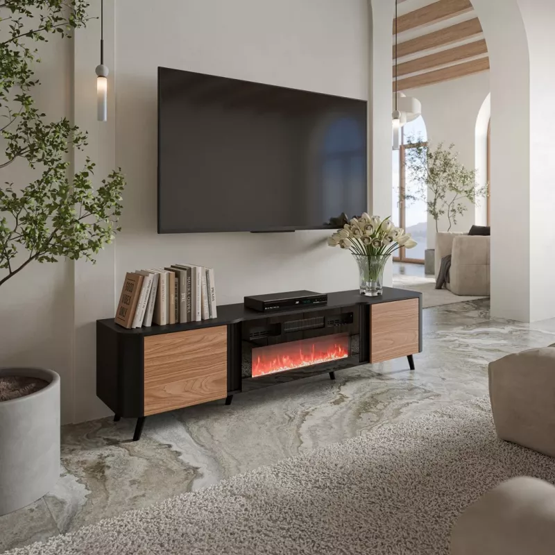 Mueble TV Cama Meble Volare 200 x 39 x 49 cm negro/nogal con chimenea