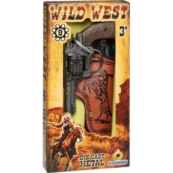 Revolver vaquero de juguete de metal Pulio 155201/0 con funda — un disparo, réplica, construcción metálica