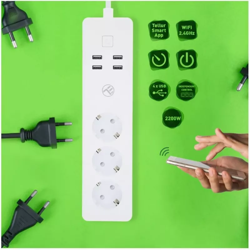 Regleta inteligente WiFi Tellur con 3 tomas AC y 4 puertos USB (4A)