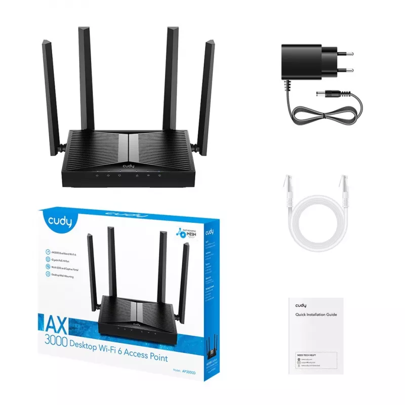 Punto de acceso inalámbrico Cudy AP3000D dual band 2,4/5 GHz, 2402 Mbps (5 GHz), 574 Mbps (2,4 GHz), 4 antenas externas, 1x LAN