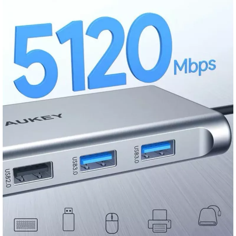 Hub USB-C Aukey CB-C89 10 en 1 con RJ45 1000Mbps, HDMI 4K, varios conectores