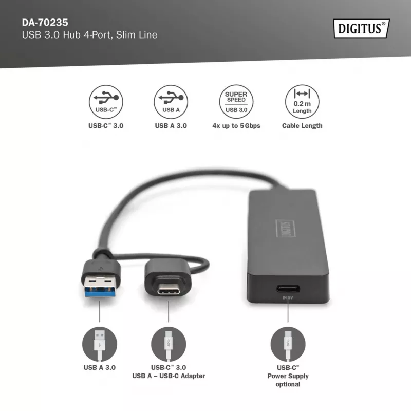 Hub USB, Digitus, DA-70235, 4 puertos, USB 3.2 Gen 1, Type-A y Type-C, 12000 Mbit/s