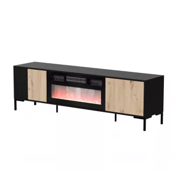 Mueble TV cama meble MERCI con chimenea, 180 x 40 x 53,5 cm, superficie negra, marco en roble artisan