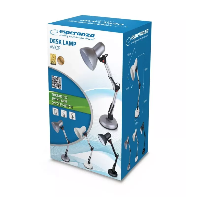 Lámpara de mesa ESPERANZA AVIOR E27 12W LED, negra, regulable en altura, brazo flexible, casquillo E27