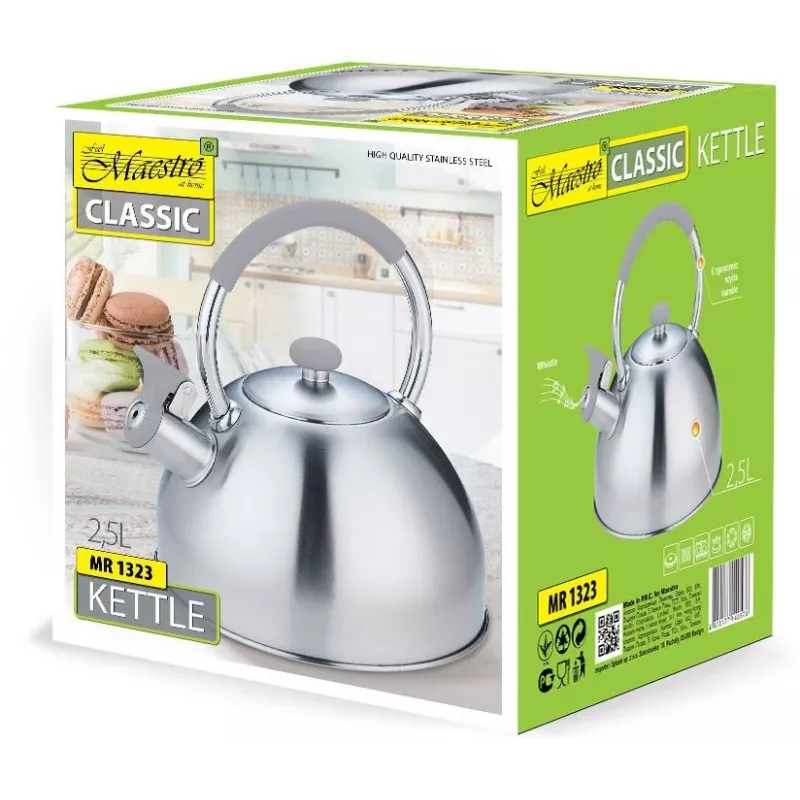 Hervidor de agua Maestro MR-1323 — acero inoxidable, 2,5 L, silbato con tapa abatible, asa de silicona fría