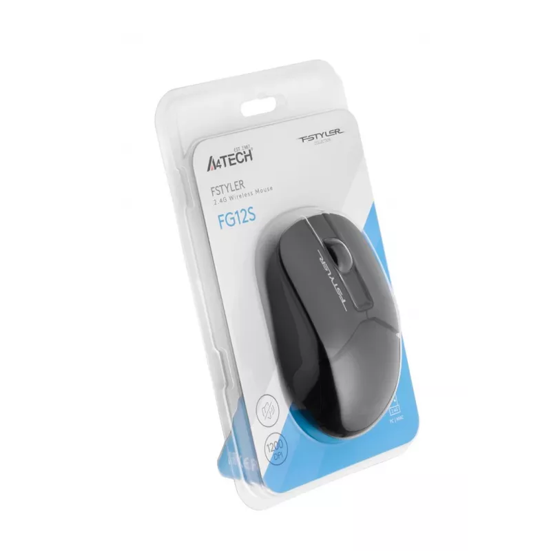 Ratón óptico inalámbrico A4Tech FM12S Negro — 1200 dpi, receptor RF nano, 3 botones, pila AA