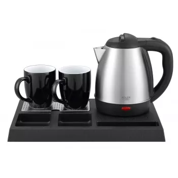 Adler AD 1354 hervidor de agua de hotel acero inoxidable 1,2 L + bandeja con tazas negro, acero