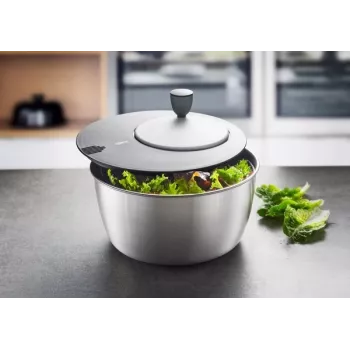 Centrifugadora de ensaladas GEFU Rotare acero inoxidable, accionamiento por manivela, 3 L, carcasa de acero inoxidable, redonda