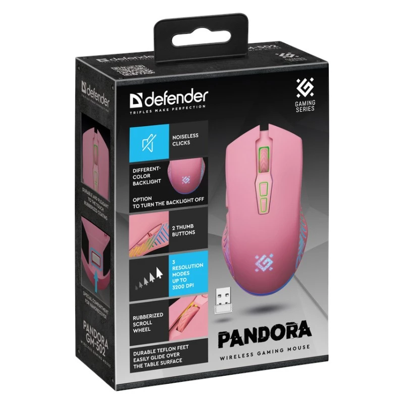 Ratón gamer inalámbrico DEFENDER P ANDORA PINK interfaz