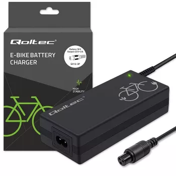 Cargador para e-bike QOLTEC 36V–42V 2A con conector macho GX12 de 3 pines