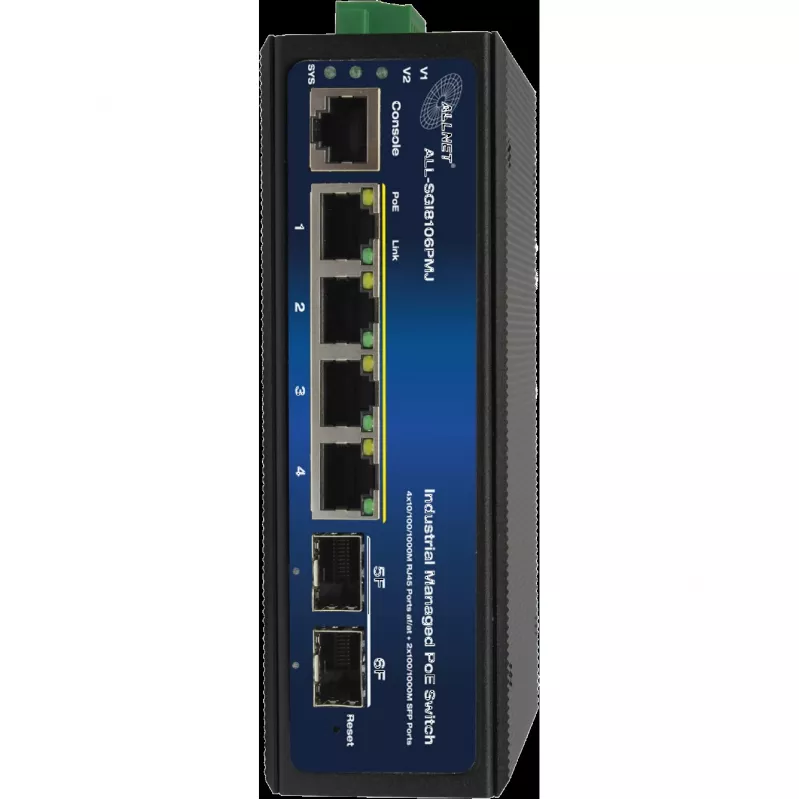 Switch PoE industrial ALLNET ALL-SGI8106PMJ-BT — 6 puertos (4 PoE+), carcasa metálica robusta
