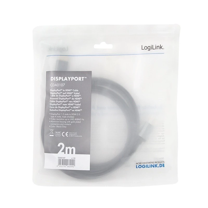 LogiLink CDA0107 Adaptador de cable de vídeo 2 m DisplayPort HDMI negro gris