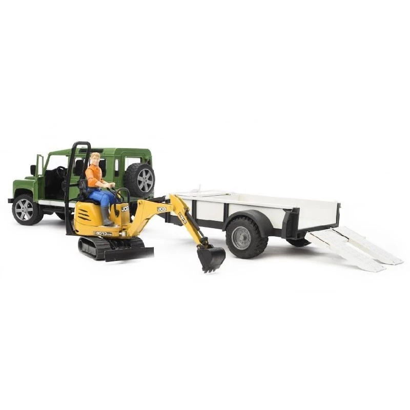 BRUDER Land Rover Defender con remolque CAT y figura vehículo de juguete
