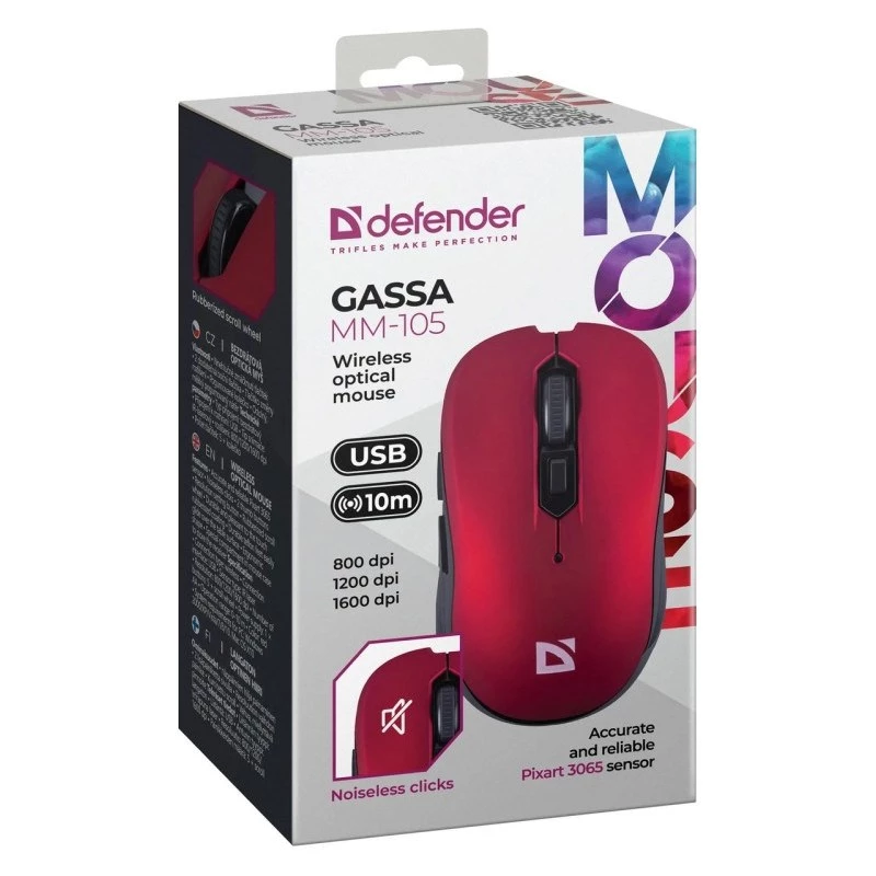 Ratón inalámbrico RF silencioso DEFENDER Gassa MM-105 — Ambidiestro, 1600 DPI, 2,4 GHz, receptor nano USB