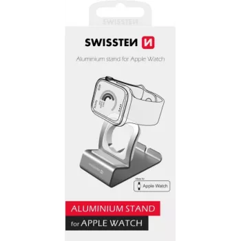 Soporte de aluminio SWISSTEN 25005100 para Apple Watch — soporte de carga compatible, plateado