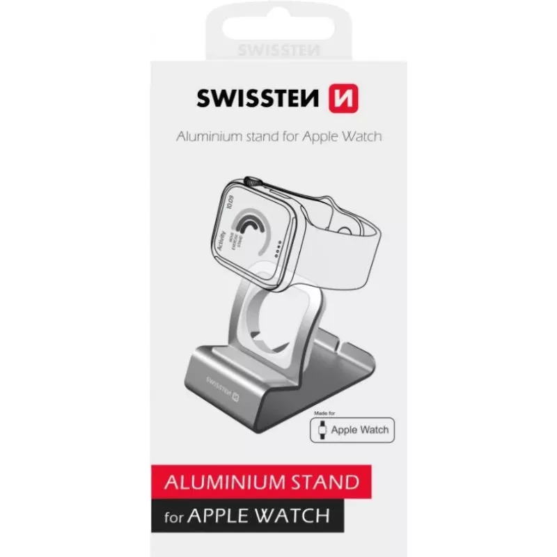 Soporte de aluminio SWISSTEN 25005100 para Apple Watch — soporte de carga compatible, plateado