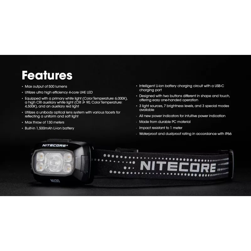 Linterna frontal Nitecore NU30 — linterna LED frontal compacta y portátil, hasta 500 lúmenes, varios niveles de potencia, modo de luz roja