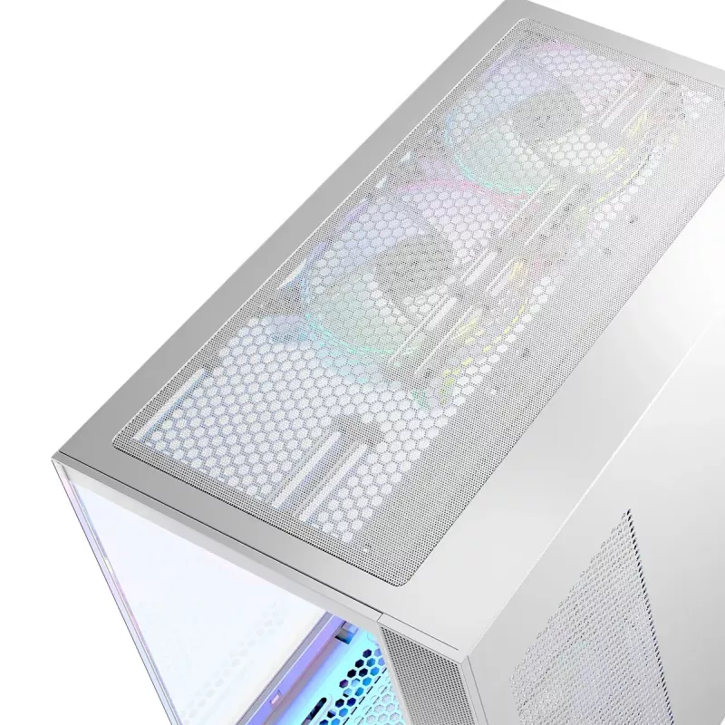 Caja PC MODECOM Volcano Panorama Midi Tower blanca — micro ATX, cristal templado, ARGB, USB-C, compatible con GPU de 400 mm