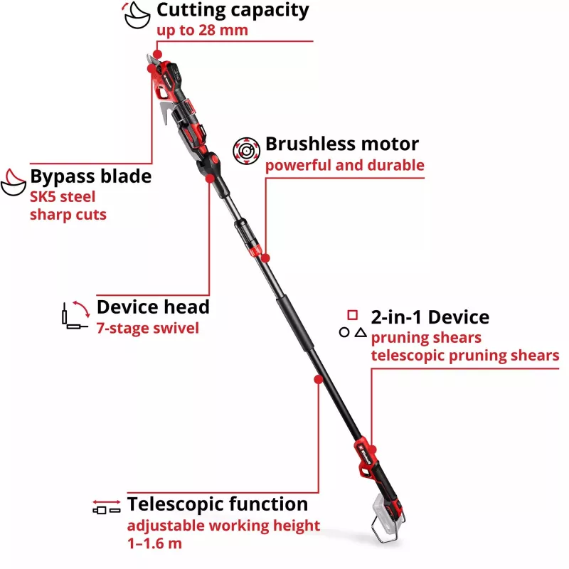Tijera de podar EINHELL GP-LS 18/28 Li T BL-Solo — tijera de podar de bypass telescópica inalámbrica, 18 V, capacidad de corte 2,8 cm, mango de aluminio