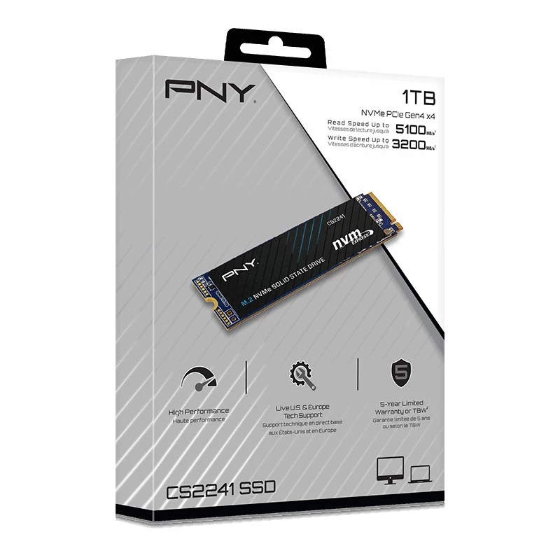 SSD PNY CS2241 M.2 NVMe PCIe 4.0 1 TB – lectura 5100 MB/s, escritura 3200 MB/s