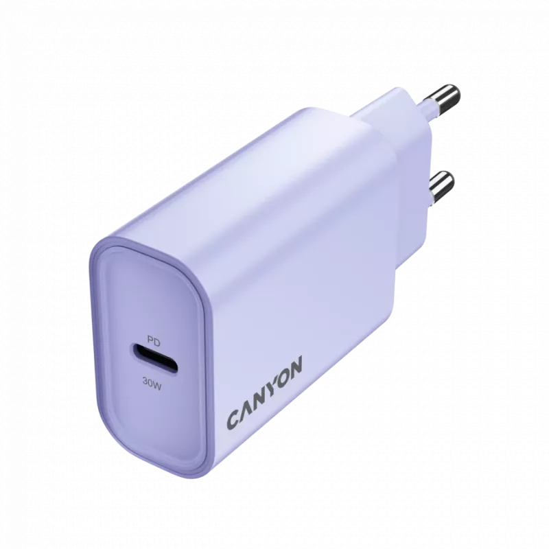 Cargador de pared CANYON OnCharge 30CL, 30W USB-C PD, 1 salida PD, enchufe EU, lila