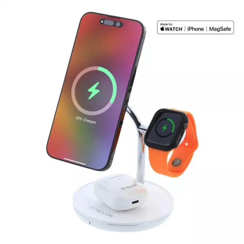 Cargador de sobremesa inalámbrico Tellur TLL151391 3en1 MagSafe carga rápida para smartphone, reloj y auriculares