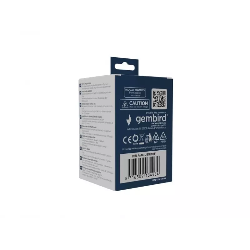 Adaptador de viaje GEMBIRD A-AC-USMINTF — universal a enchufe US, 10 A
