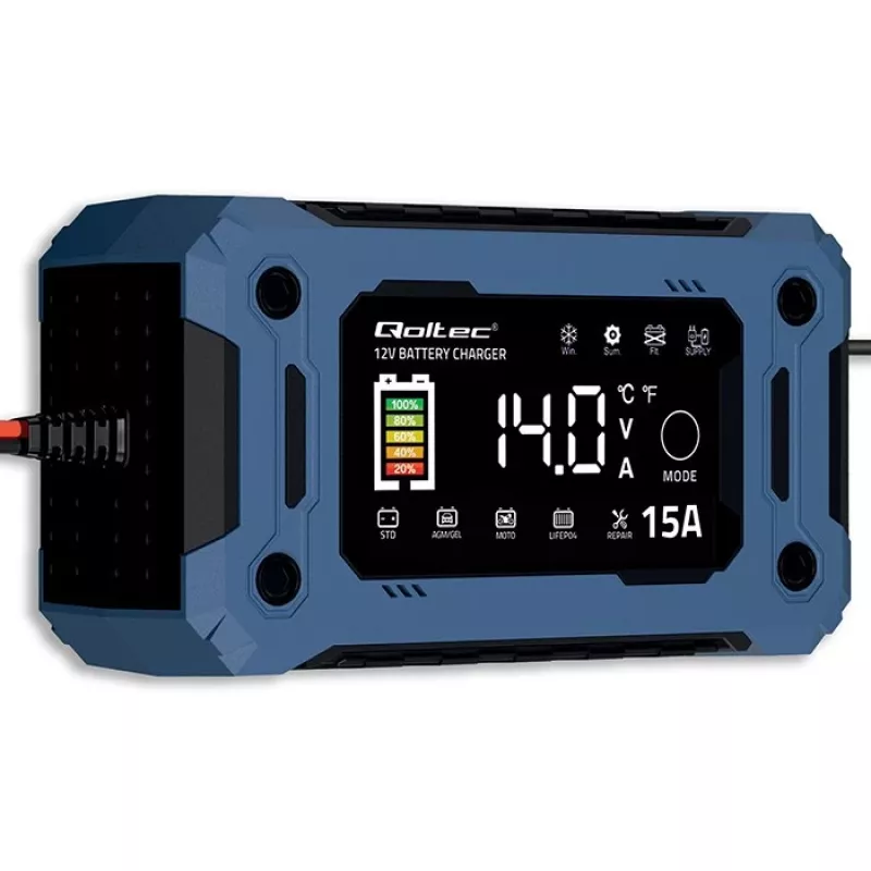 Cargador inteligente 12V 15A QOLTEC con microprocesador y LCD — para baterías AGM, GEL, SLA, EFB, LiFePO4