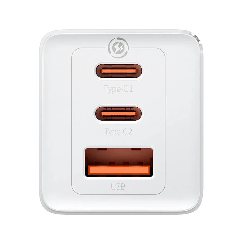 Cargador de pared Baseus GaN5 Pro 65W — USB + 2×USB-C (QC3.0, PD3.0) con cable USB-C de 1m, blanco