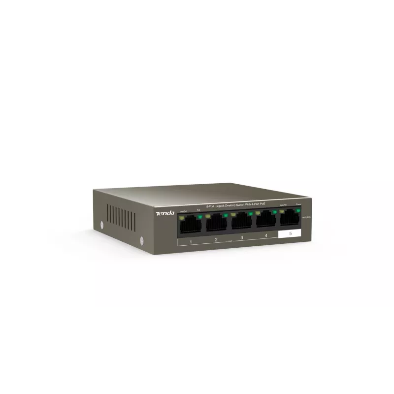 Switch de red TENDA TEG1105P-4-63W-EU, 5x Gigabit RJ-45, 4x PoE (57,8 W en total), 10 Gbit/s conmutación