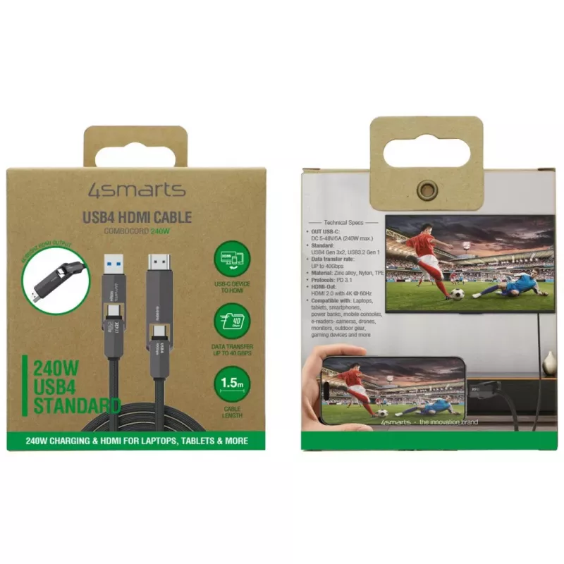 Cable USB4 a HDMI 4smarts ComboCord 240W 1,5 m – USB4 a HDMI, alimentación de 240W, longitud 1,5 m