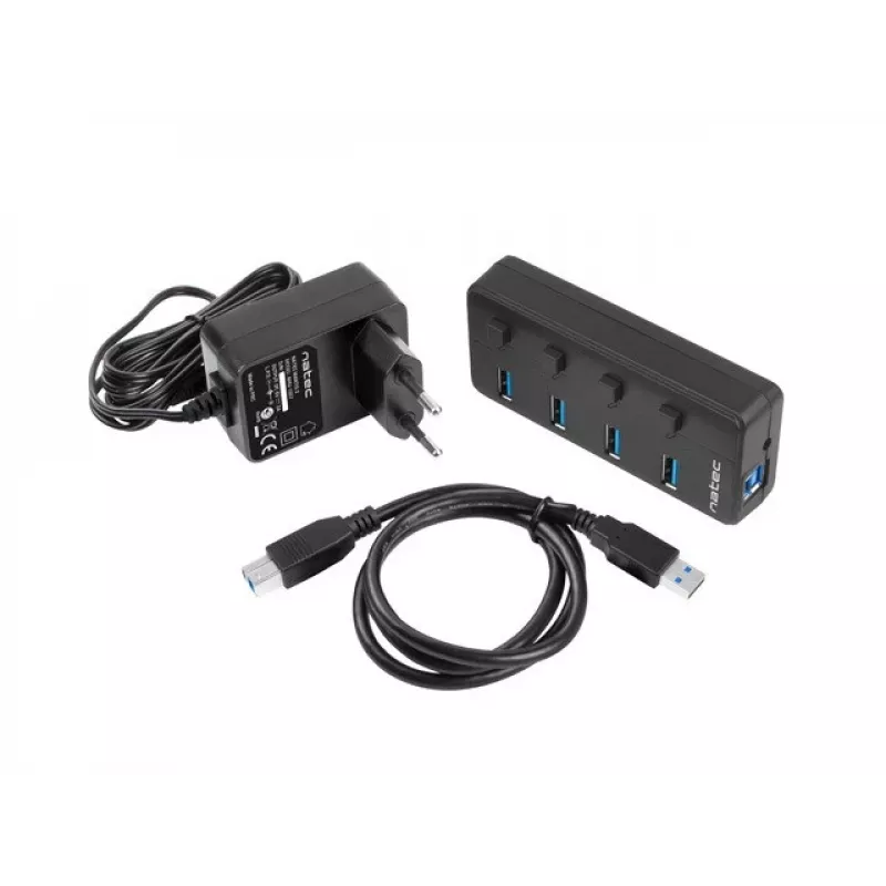 Natec Mantis 2 NHU-1557 hub USB 3.0 de 4 puertos, entrada USB Type-B, interruptores de encendido/apagado, adaptador de corriente, negro