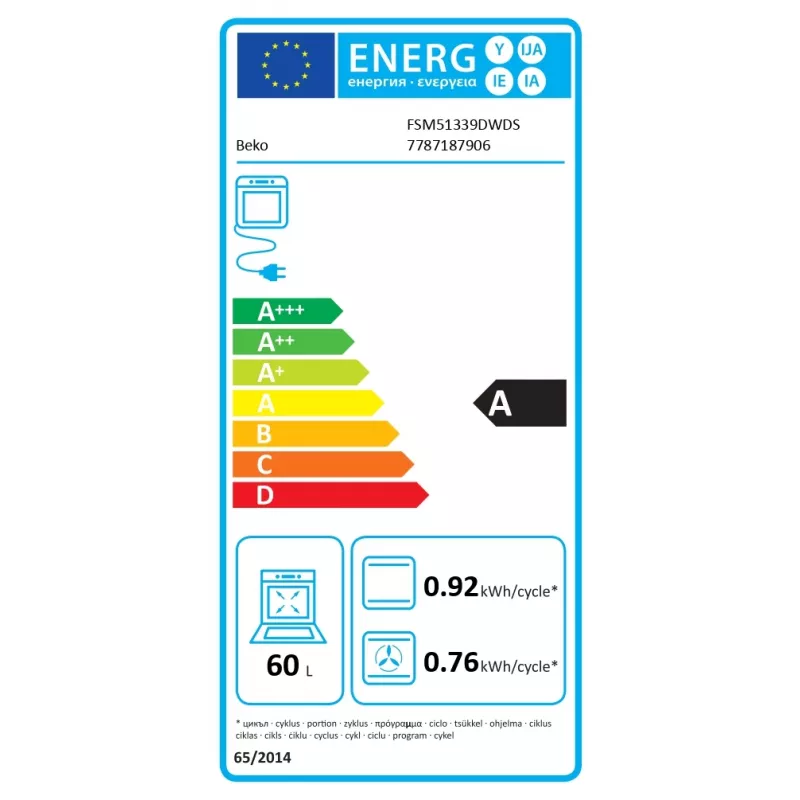 Placa de gas y horno eléctrico BEKO FSM51339DWDS 50 cm, blanco, clase energética A