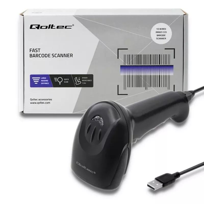 Lector láser de códigos de barras 1D CCD Qoltec 50866, USB, negro