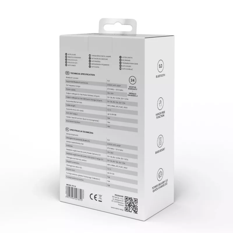 Transmisor FM SAVIO TR-14 Bluetooth USB, FM 87,6–107,9 MHz, MicroSD, USB-C, alimentación de coche 12 V