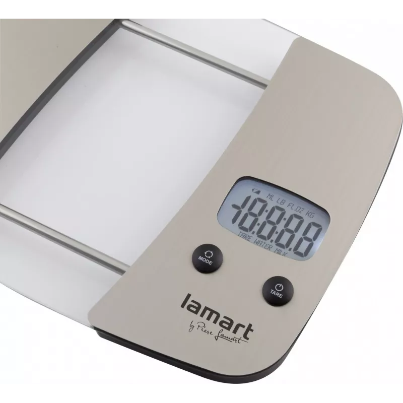 Báscula de cocina LAMART LT7071 gris con pantalla LCD, teclas táctiles, unidades g/kg/ml/lb:oz, 2×AAA