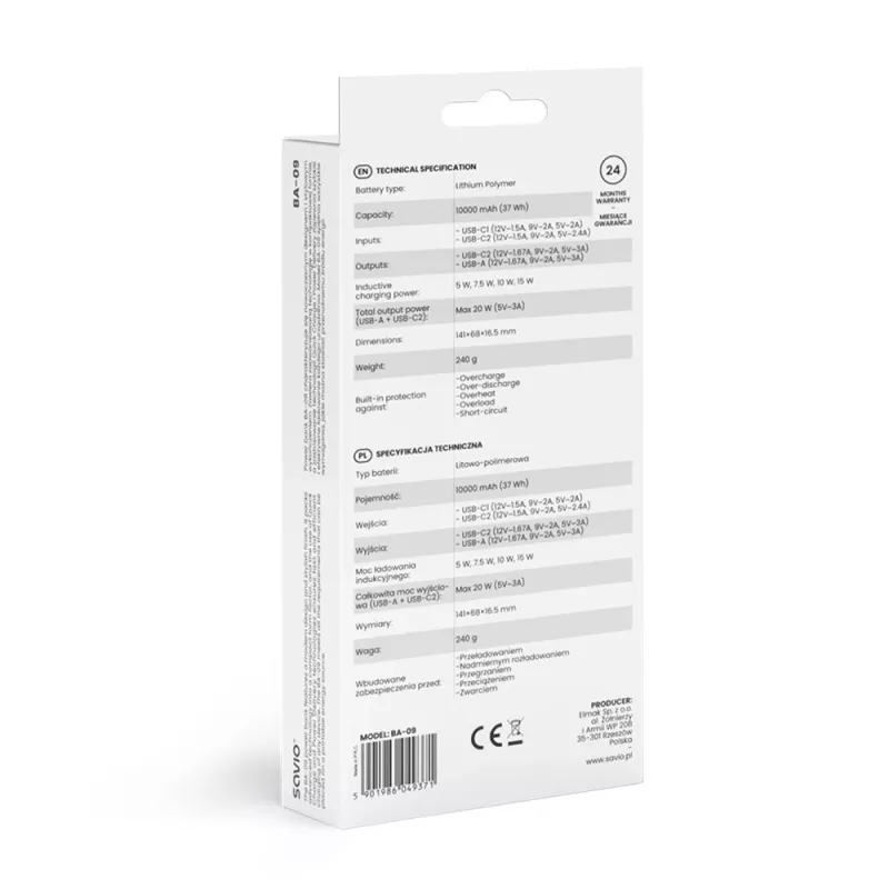 Batería externa inalámbrica Savio BA-09, 10000 mAh, negra