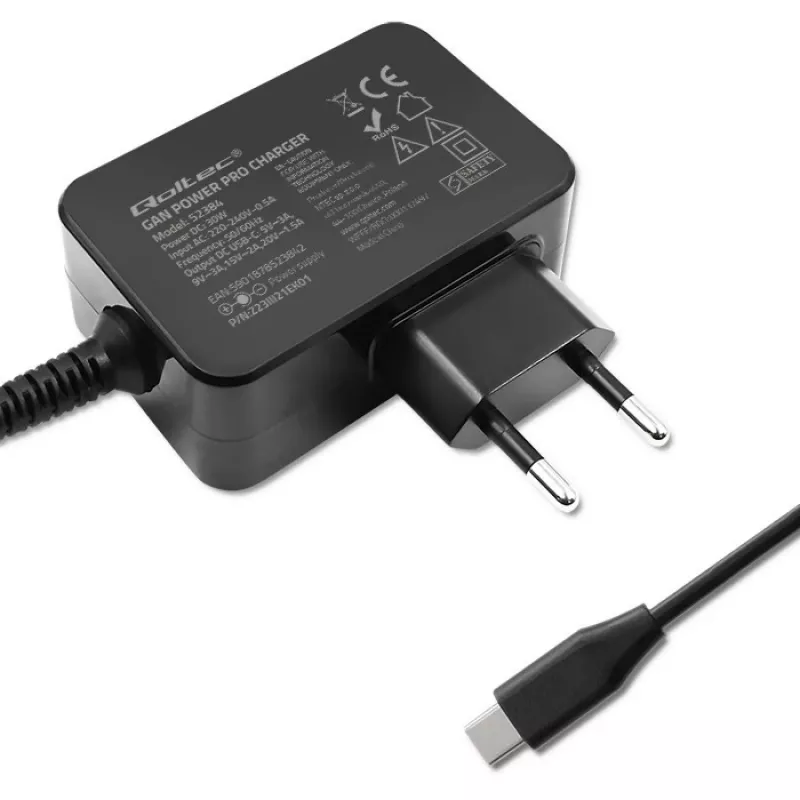 Fuente de alimentación QOLTEC 52384 GaN 30W salida 5–20V cargador USB