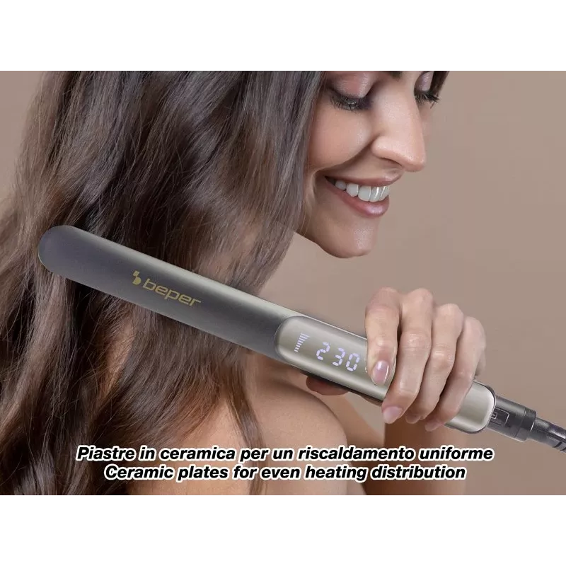 Beper P301PIS200 plancha de pelo, placas cerámicas, 130-230°C, 6 ajustes de temperatura, negro/gris