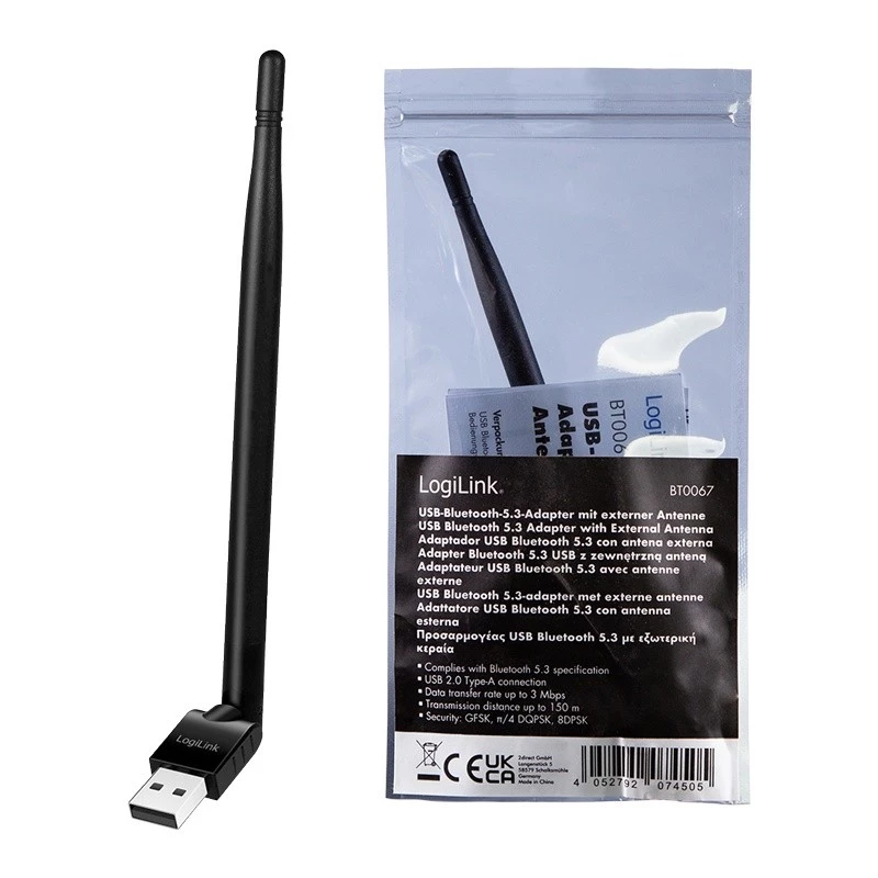 LogiLink USB - Adaptador Bluetooth 5.3 con antena, negro alcance: 150 m, conexión: conector USB-A, Bluetooth - 1 unidad (BT0067)