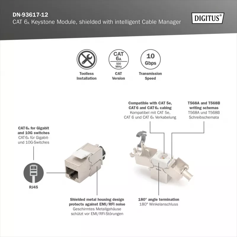 Digitus Módulo Keystone Cat.6A apantallado con gestor de cables inteligente, 12 uds., plata