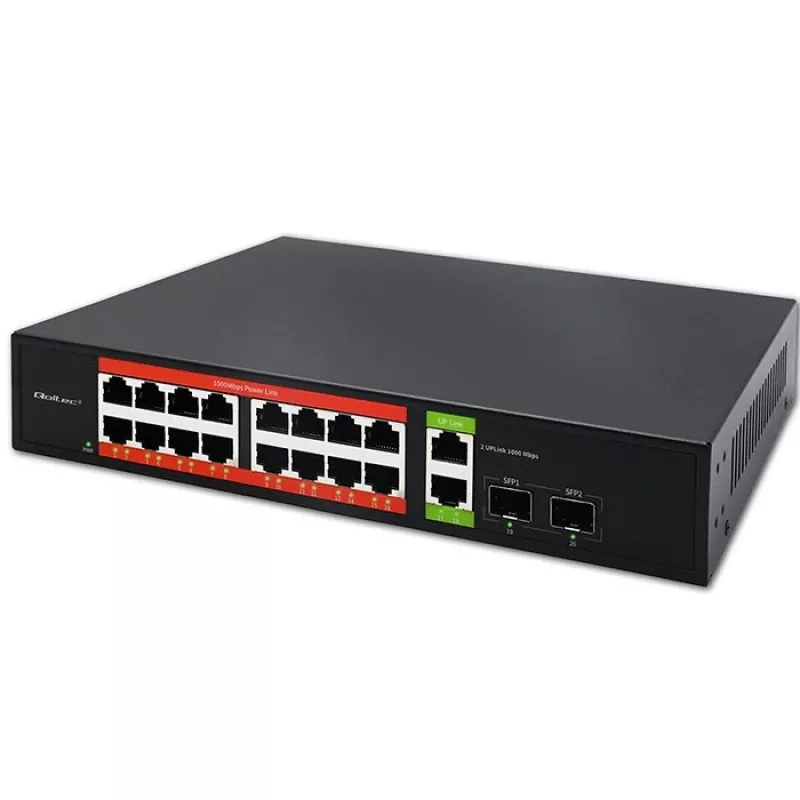 Switch de red QOLTEC 52292 — Gigabit Ethernet PoE, 16x RJ45, 2x RJ45 uplink, 2x SFP